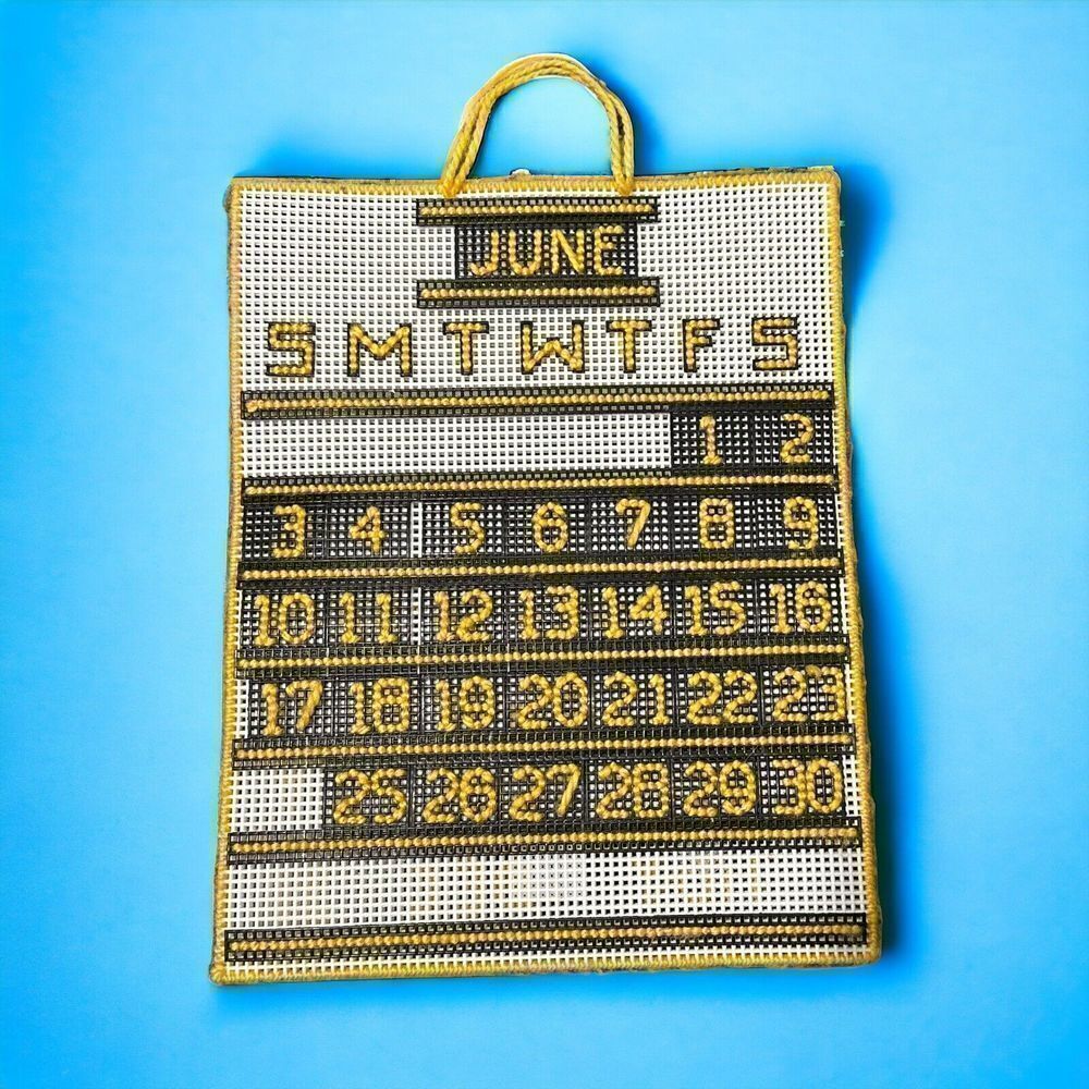 Vintage Handmade‎ Adjustable Needlepoint Plastic Monthly Calendar Black Yellow